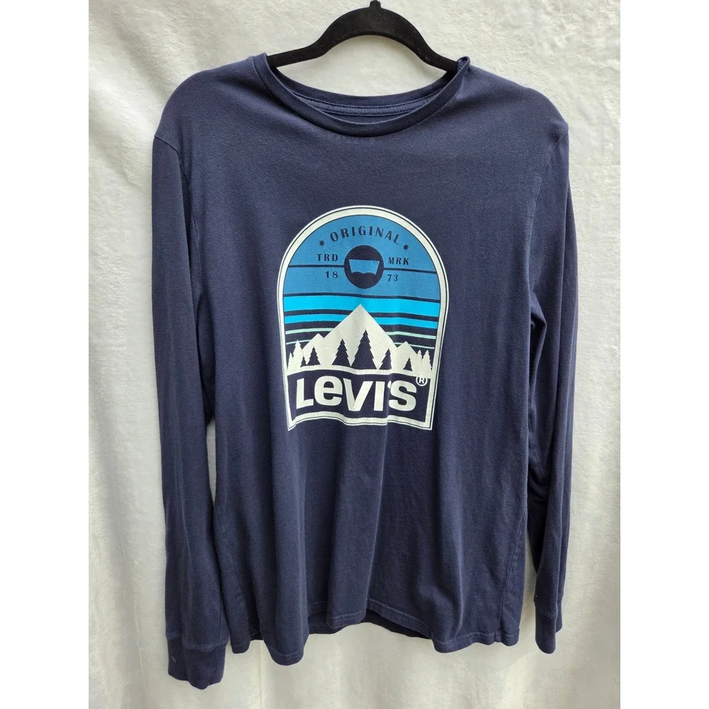 Levis Long Sleeve Graphic Tee Mens Medium Navy Blue Good Mountain Nature‎ Print